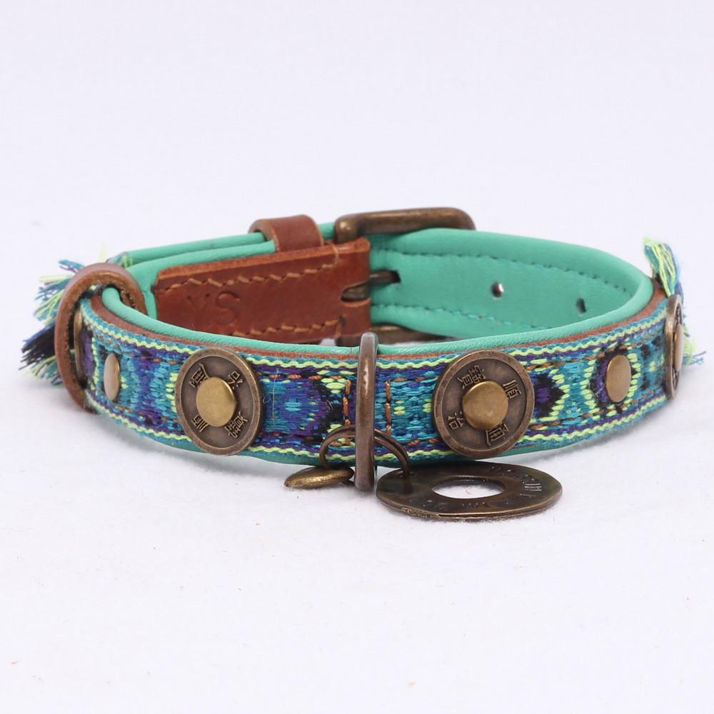Boho Halsband in Leer Blauw - Dog With a Mission